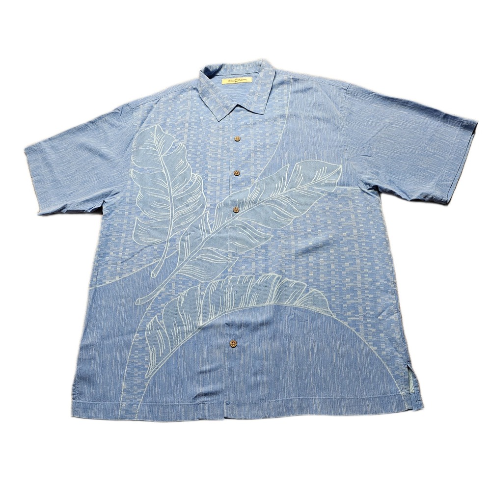 Tommy Bahama Shirt Men Large Blue Tropical Leaf Side Slit Short Sleeve Button Up